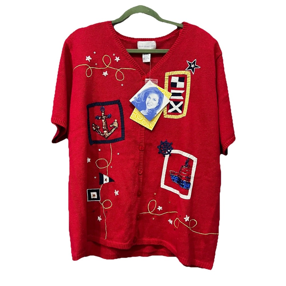 VTG Susan Graver Embroidered NWT Knitted Short Sleeve Nautical Red Cardigan 2XL
